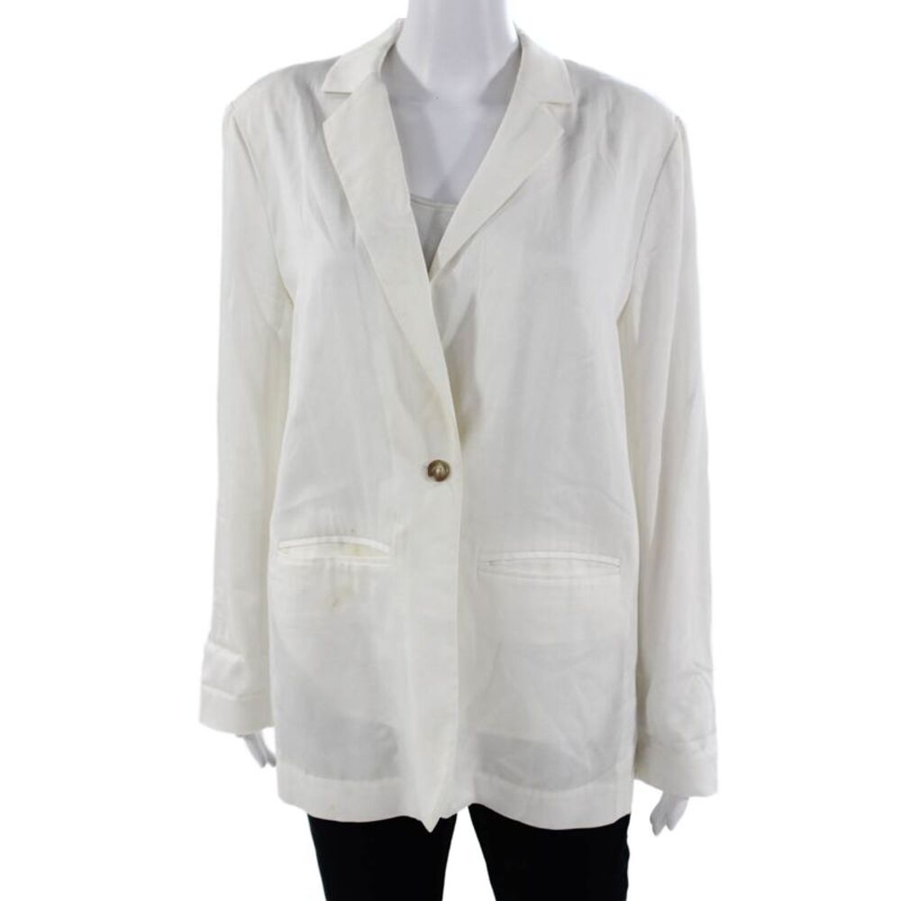 Margaret OLeary Womens Tencel Collared Button Blazer White Long Sleeve Size M